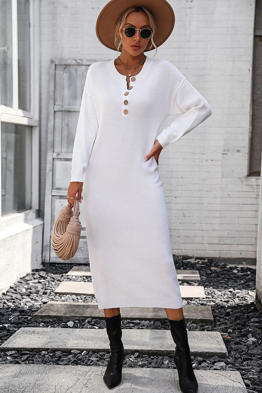 Notched Neck Dropped Shoulder Button-Down Midi Dress, image 12