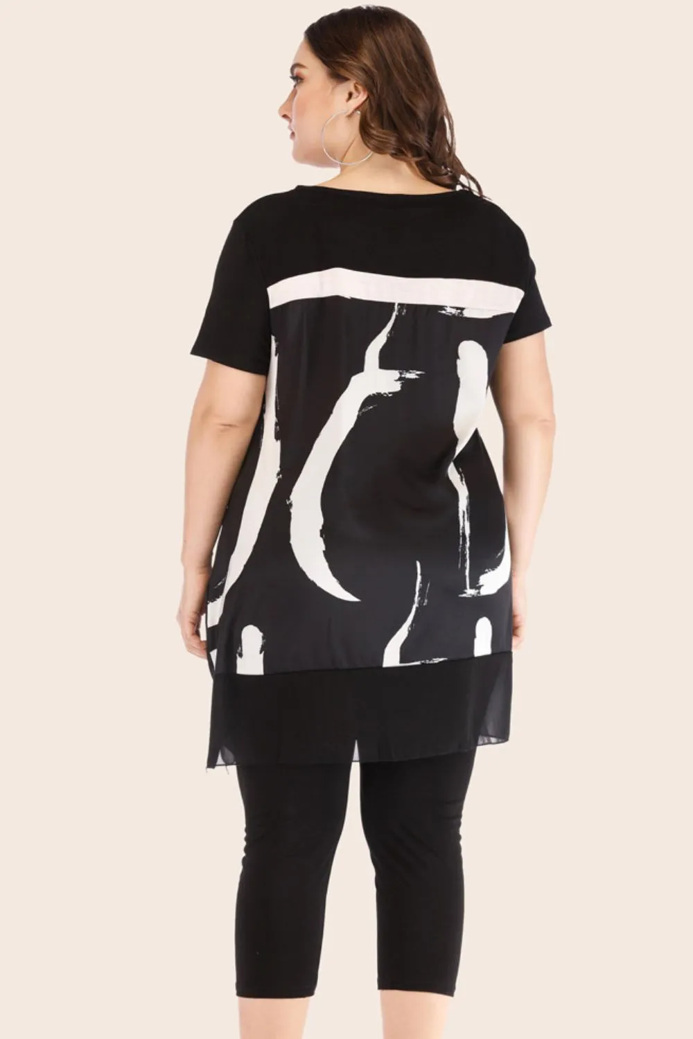 Plus Size Contrast Spliced Mesh T-Shirt and Cropped Leggings Set, image 2