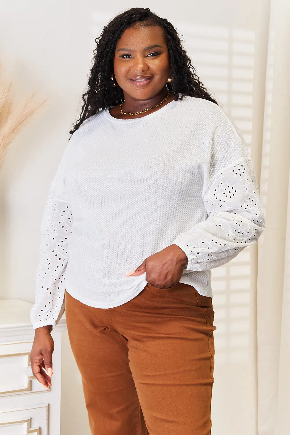 Eyelet Dropped Shoulder Round Neck Blouse, image 4