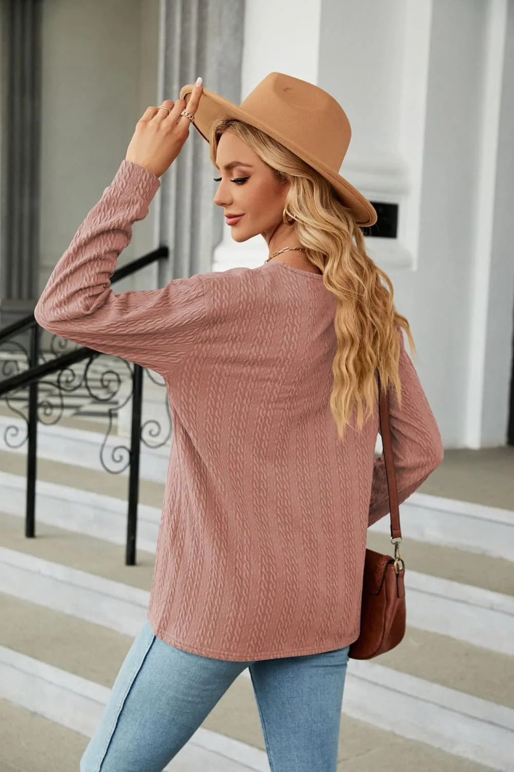 Decorative Button V-Neck Long Sleeve T-Shirt, image 13