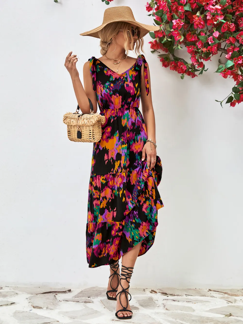 Multicolored V-Neck Backless Midi Dress, image 2