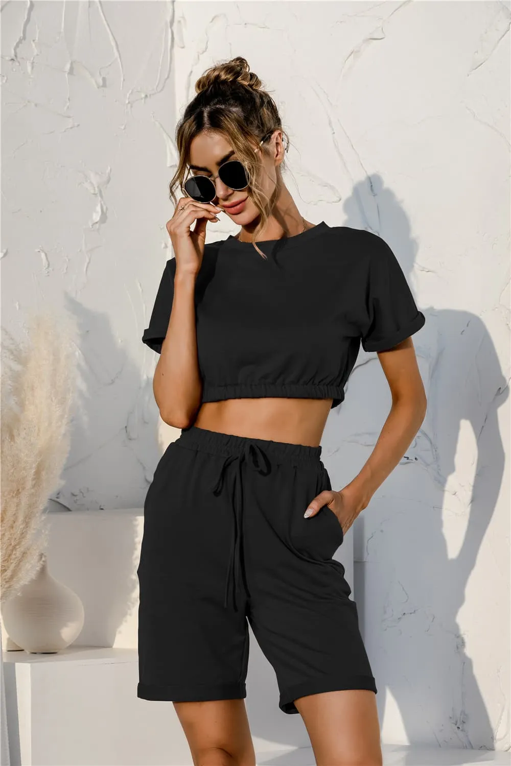 Short Sleeve Cropped Top and Drawstring Shorts Lounge Set, image 3