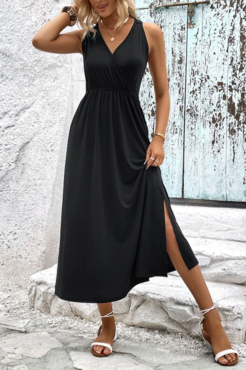 Surplice Neck Slit Sleeveless Dress, image 4