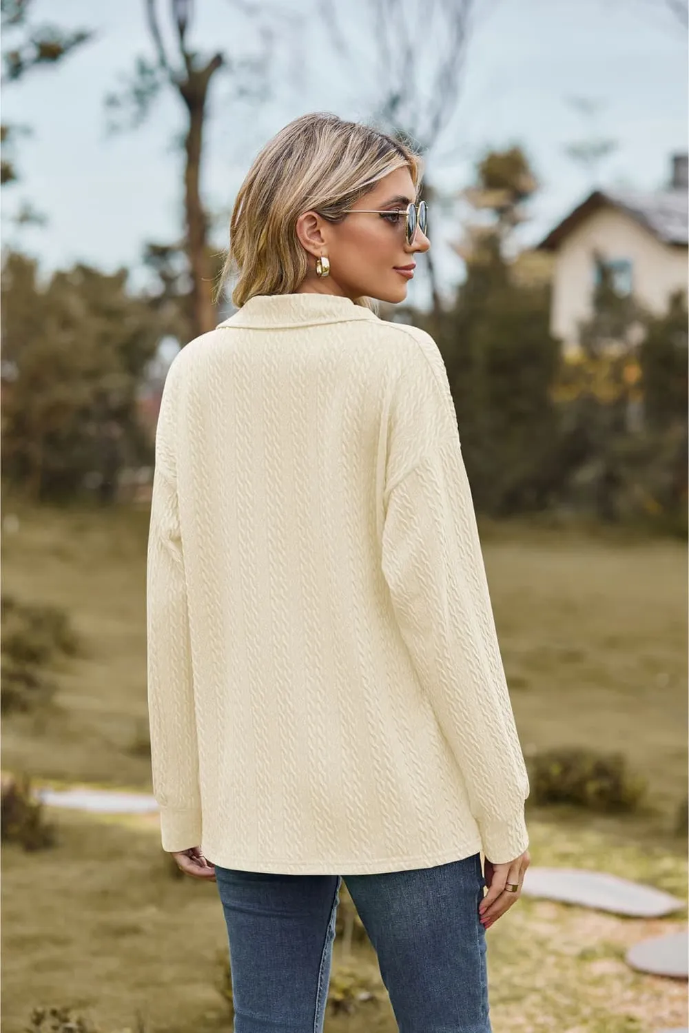 Collared Neck Cable-Knit Long Sleeve Blouse, image 7