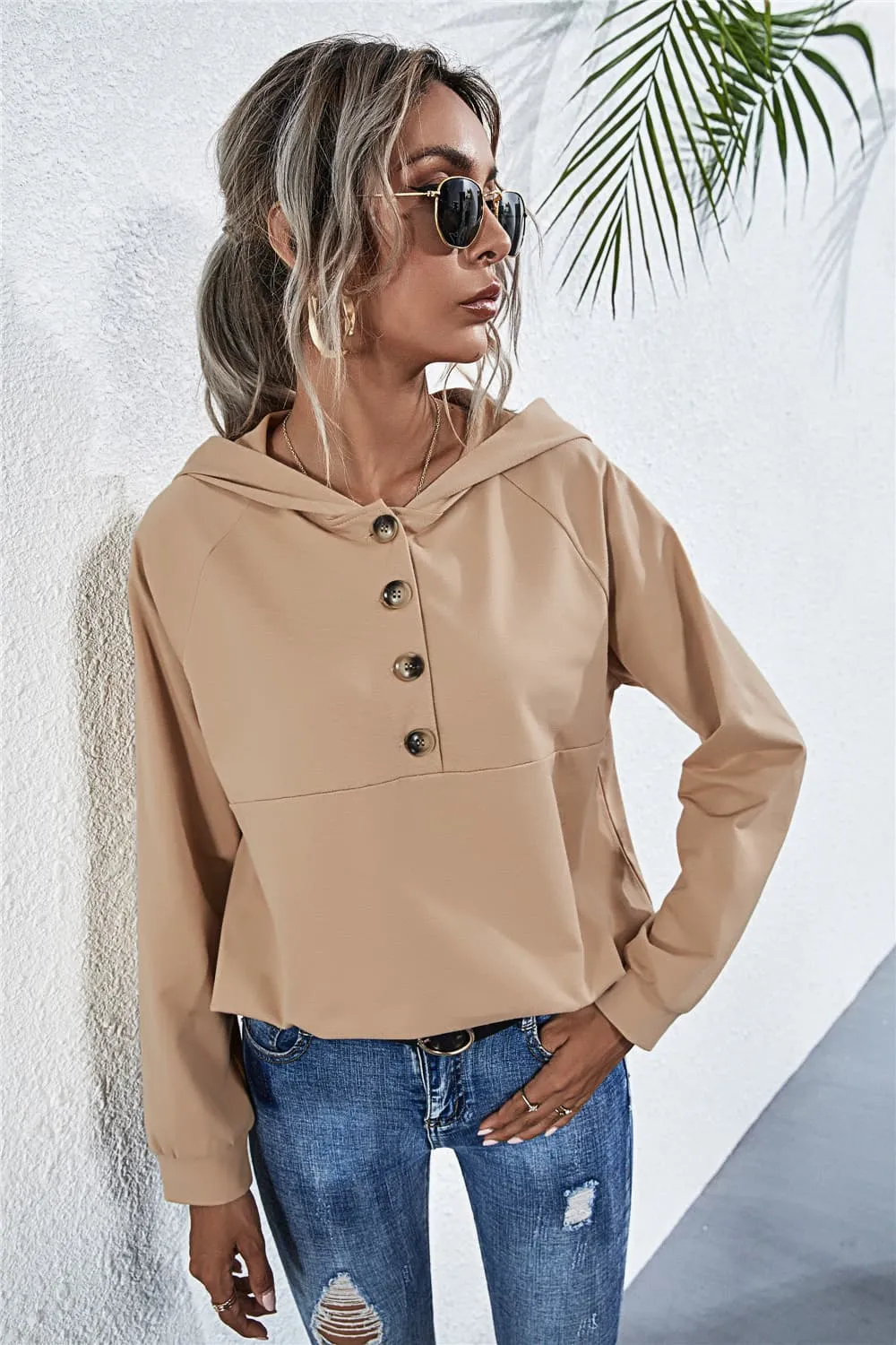 Buttoned Raglan Sleeve Hooded Blouse, image 5