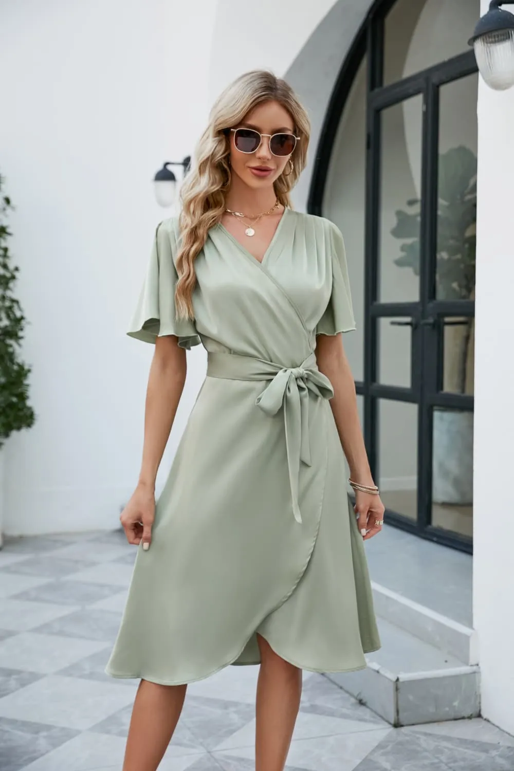 Tie Waist Flutter Sleeve Surplice Dress, image 6
