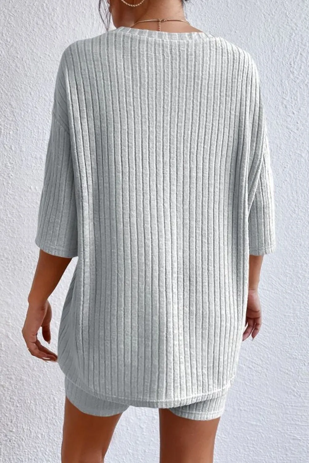 Round Neck Ribbed Top and Shorts Lounge Set, image 2