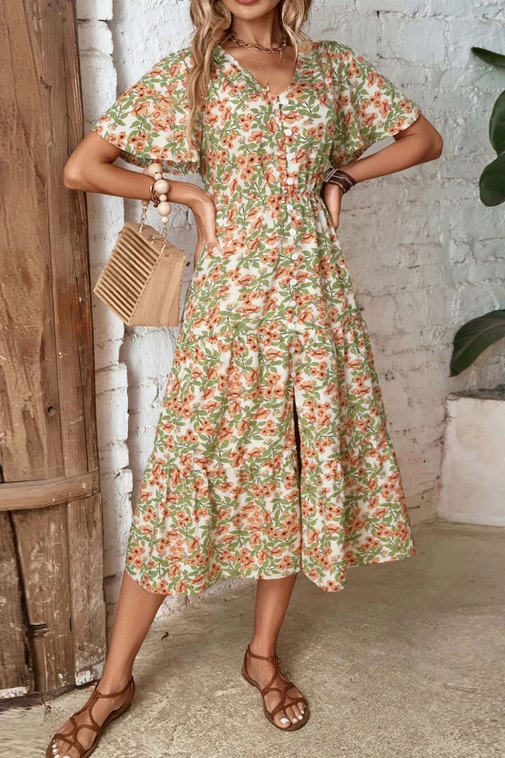 Floral V-Neck Front Slit Dress, image 5