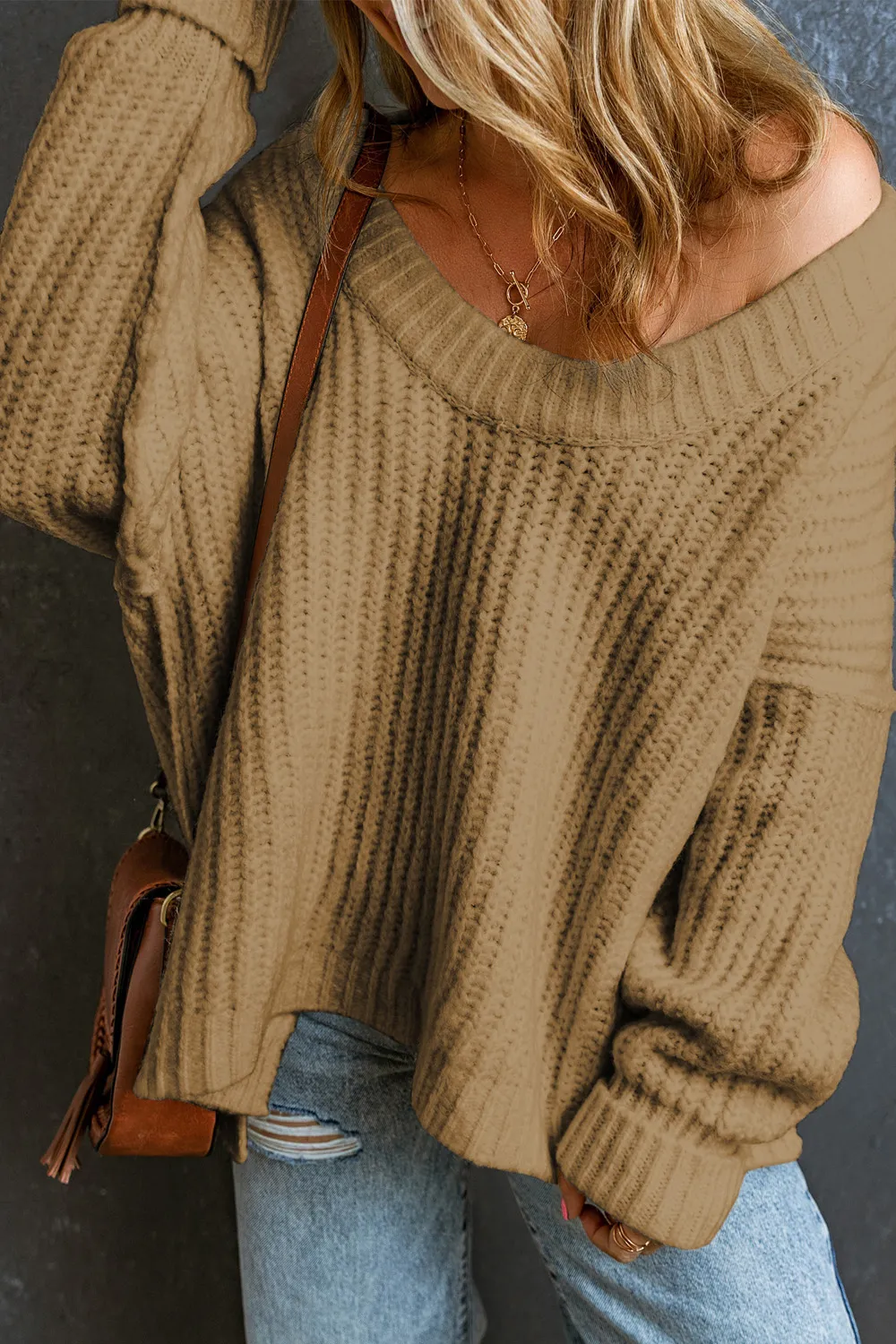 Ribbed Round Neck Dropped Shoulder Sweater, image 2