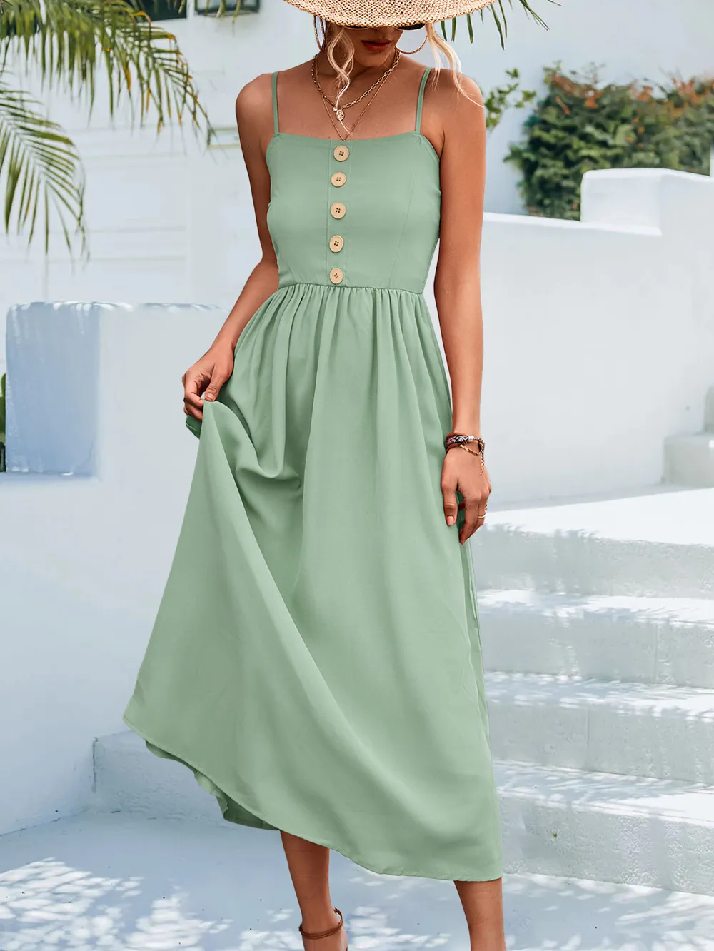 Decorative Button Spaghetti Strap Midi Dress, image 7