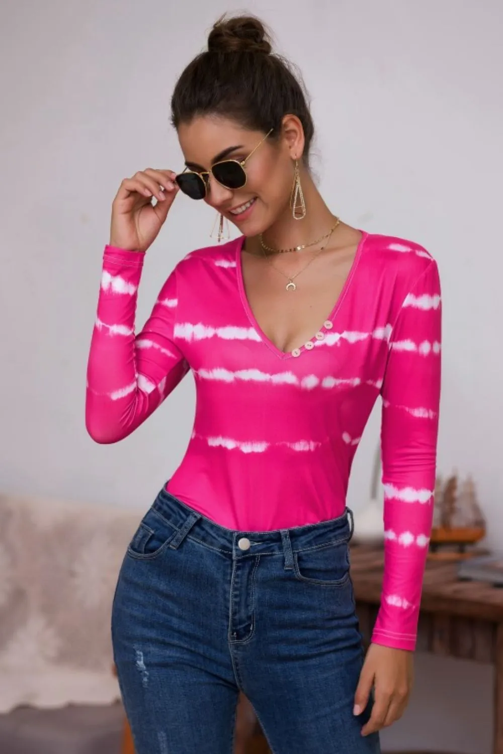 Tie-Dye Plunge Long Sleeve Top, image 3