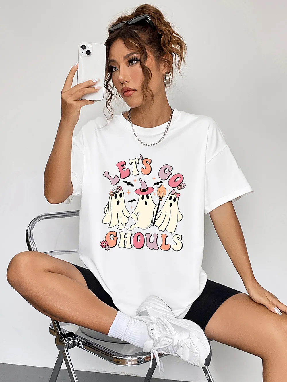 Round Neck Short Sleeve LET'S GO GHOULS Graphic T-Shirt, image 2
