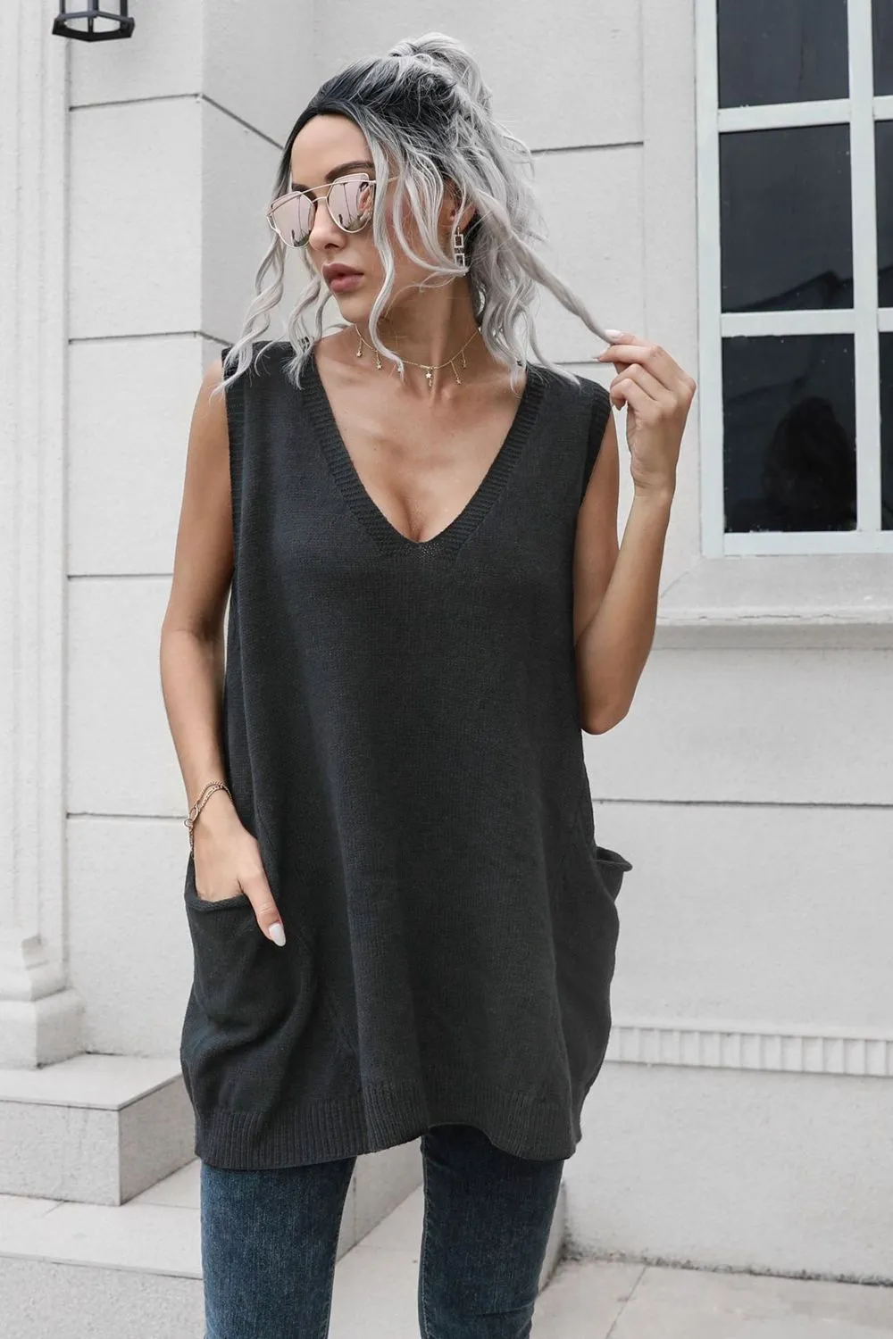 V-Neck Sleeveless Sweater Vest with Pocket, image 6