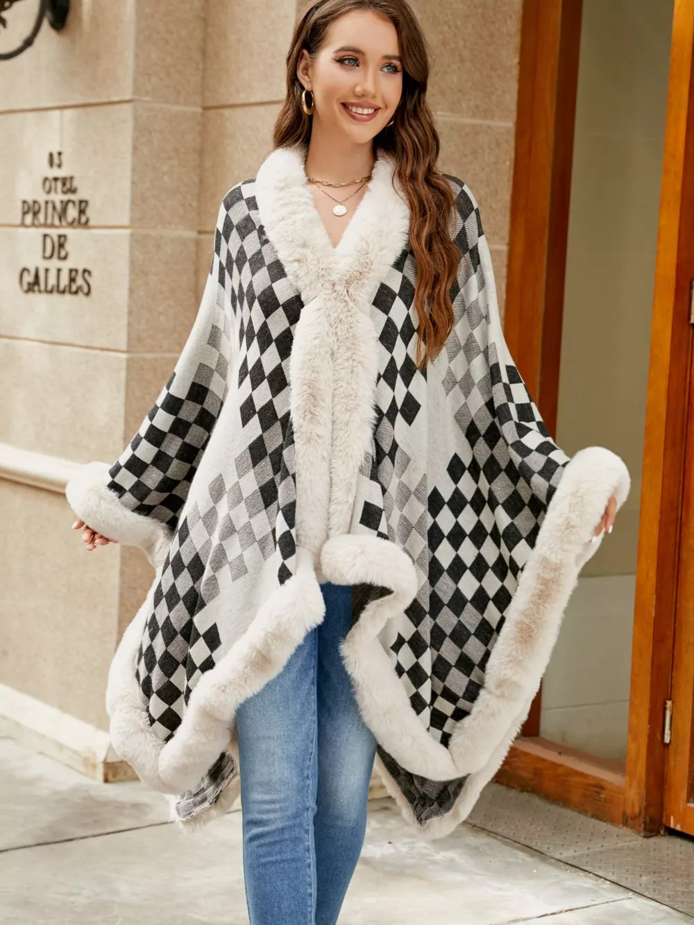 Checkered Faux Fur Trim Poncho, image 2
