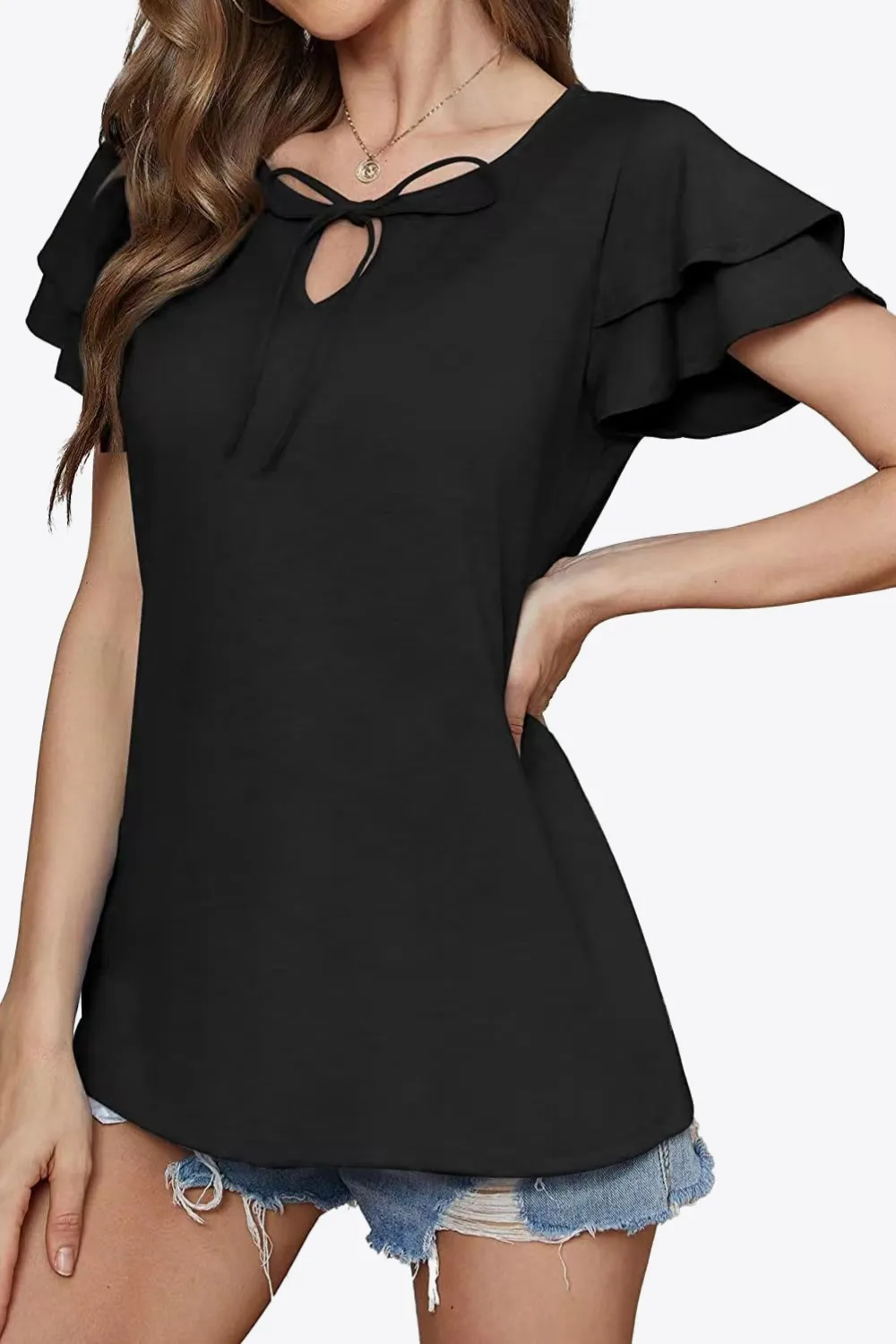 Tie-Neck Layered Flutter Sleeve Blouse, image 5