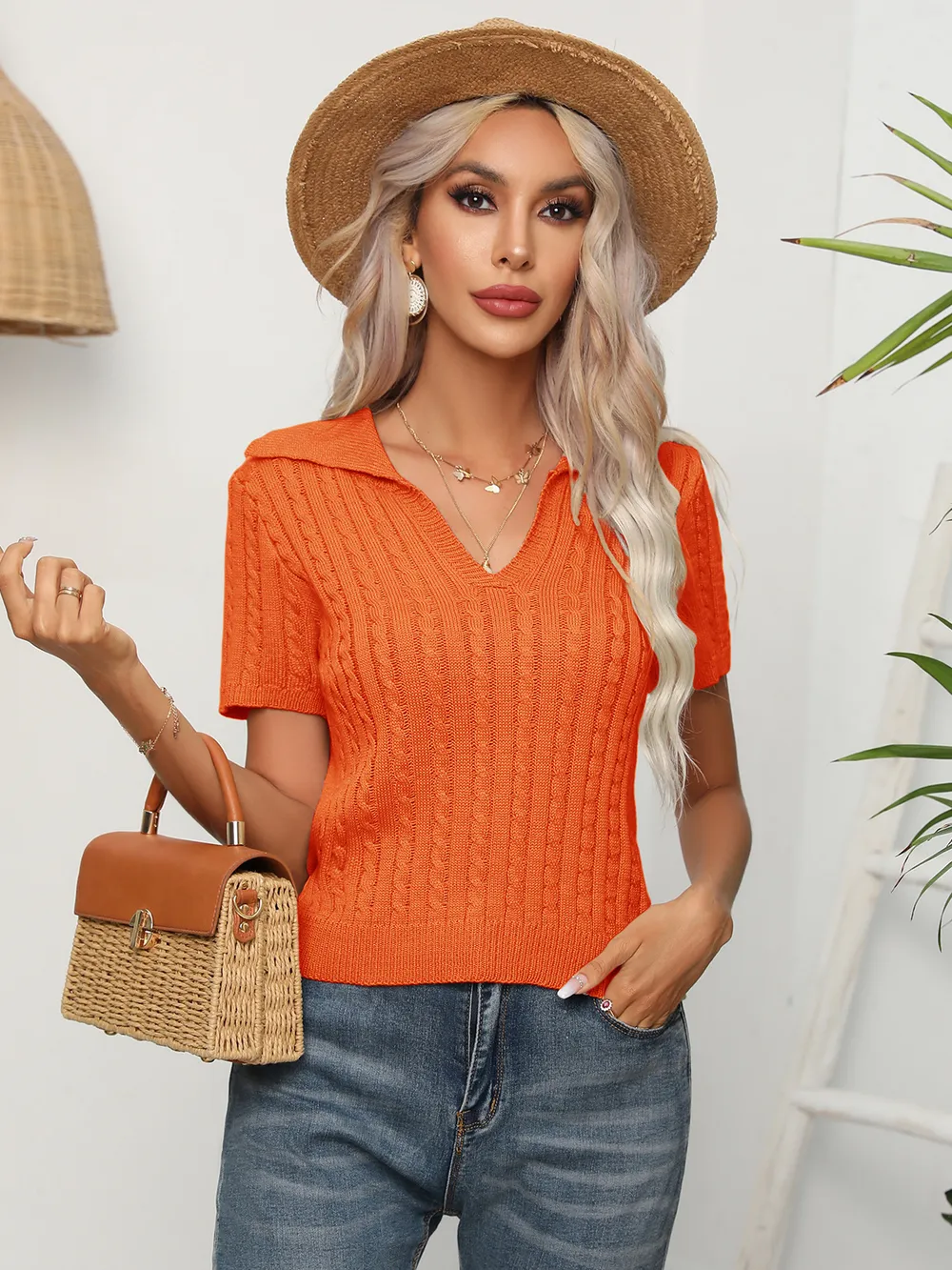 Cable-Knit Johnny Collar Short Sleeve Knit Top, image 2