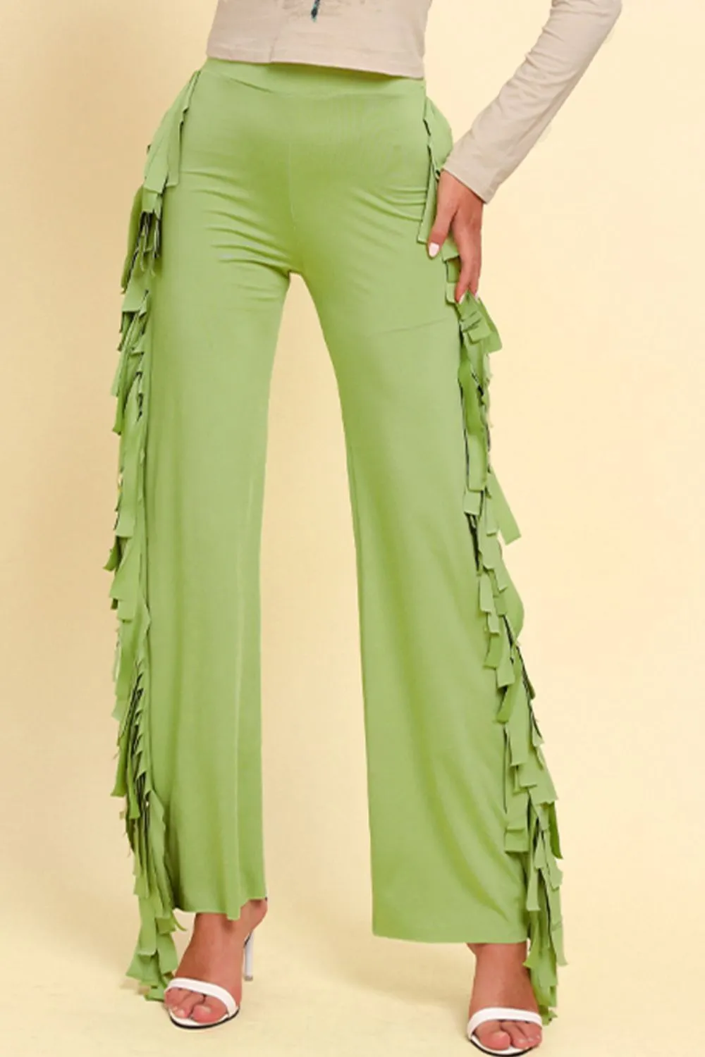 Fringe Trim Wide Leg Pants, image 2