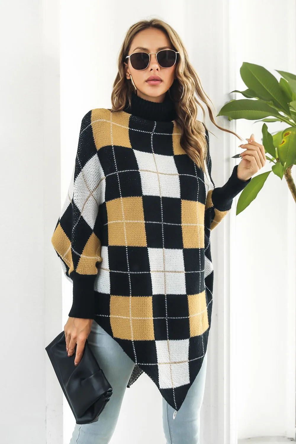 Plaid Turtleneck Dolman Sleeve Poncho, image 3