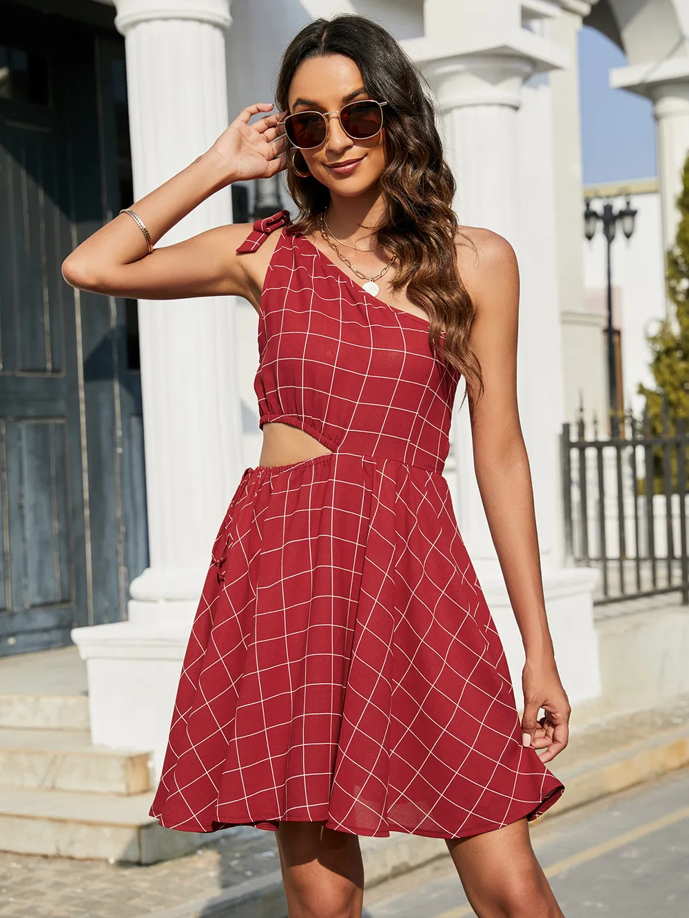 Grid One-Shoulder Tied Cutout Dress, image 13
