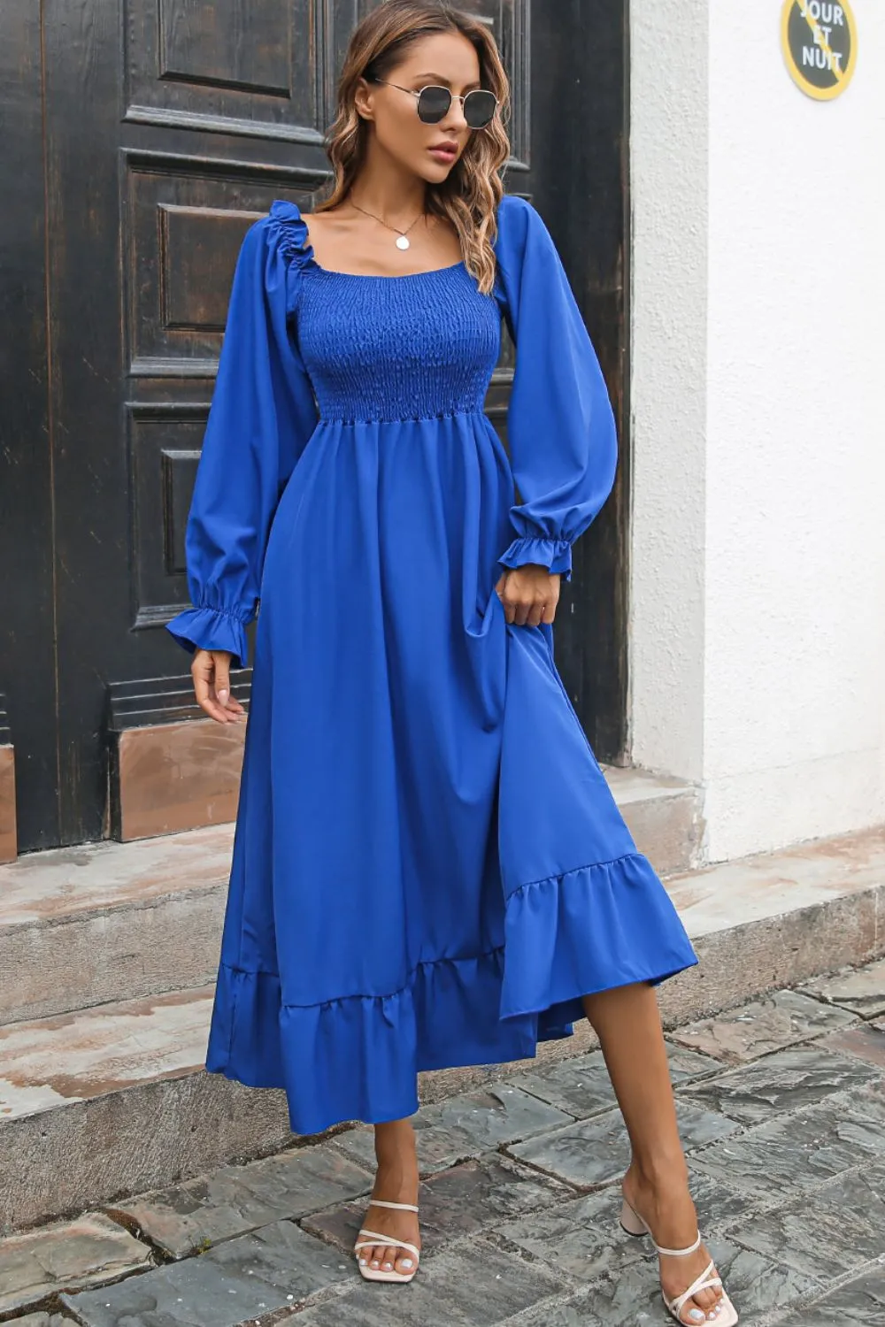 Smocked Ruffle Hem Flounce Sleeve Dress, image 4