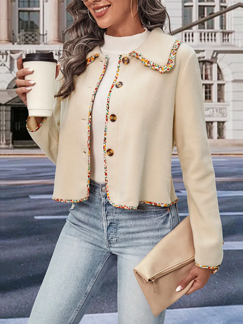 Collared Neck Button-Down Long Sleeve Jacket, image 2
