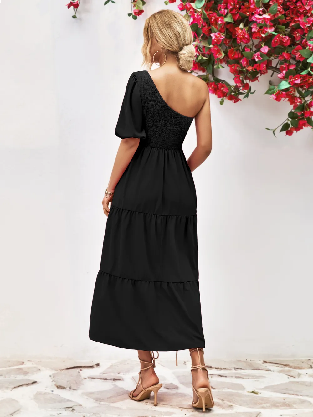 Smocked One-Shoulder Midi Dress, image 3