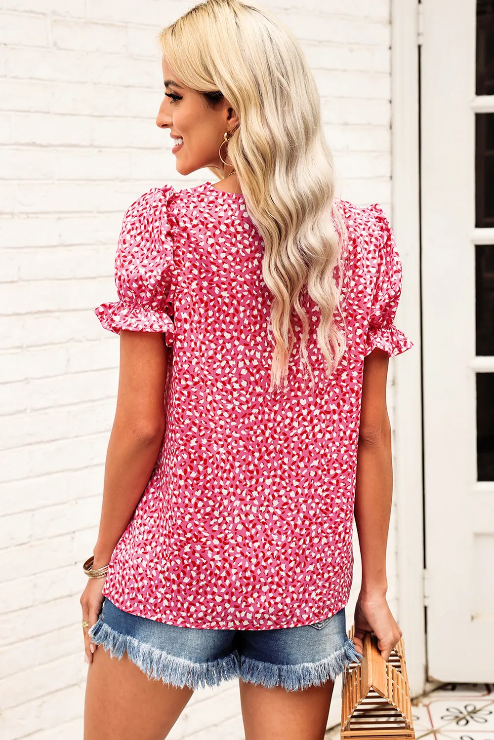 Printed Flounce Sleeve Plunge Blouse, image 2