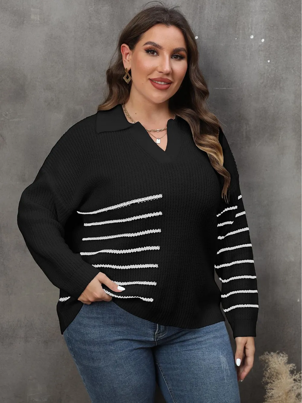 Plus Size Striped V-Neck Sweater, image 6