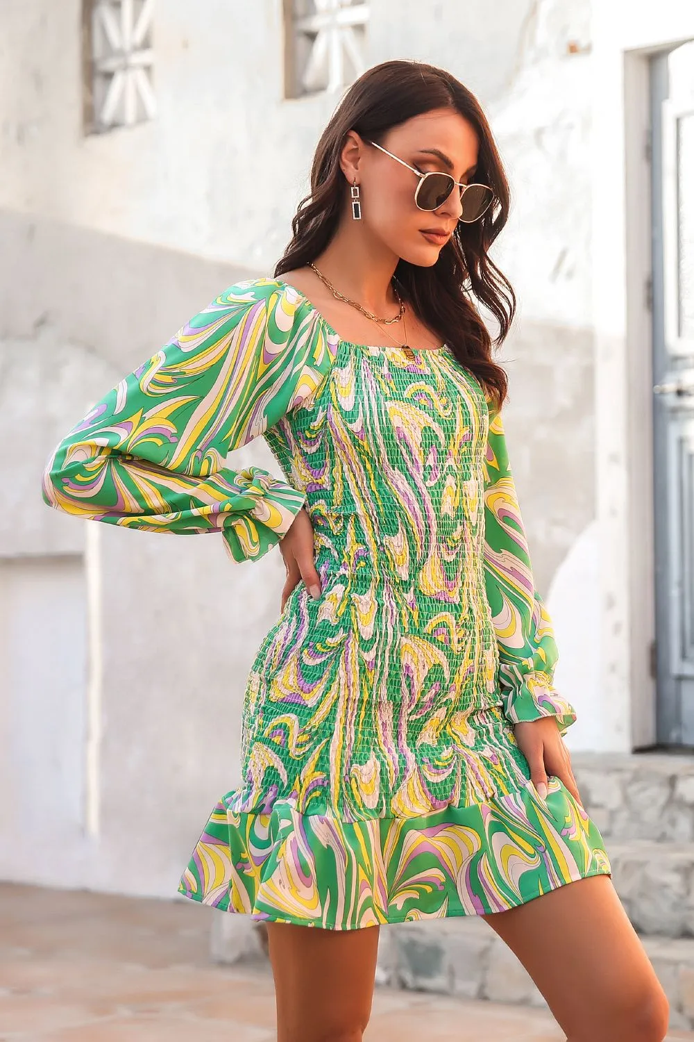 Abstract Print Square Neck Smocked Dress, image 7