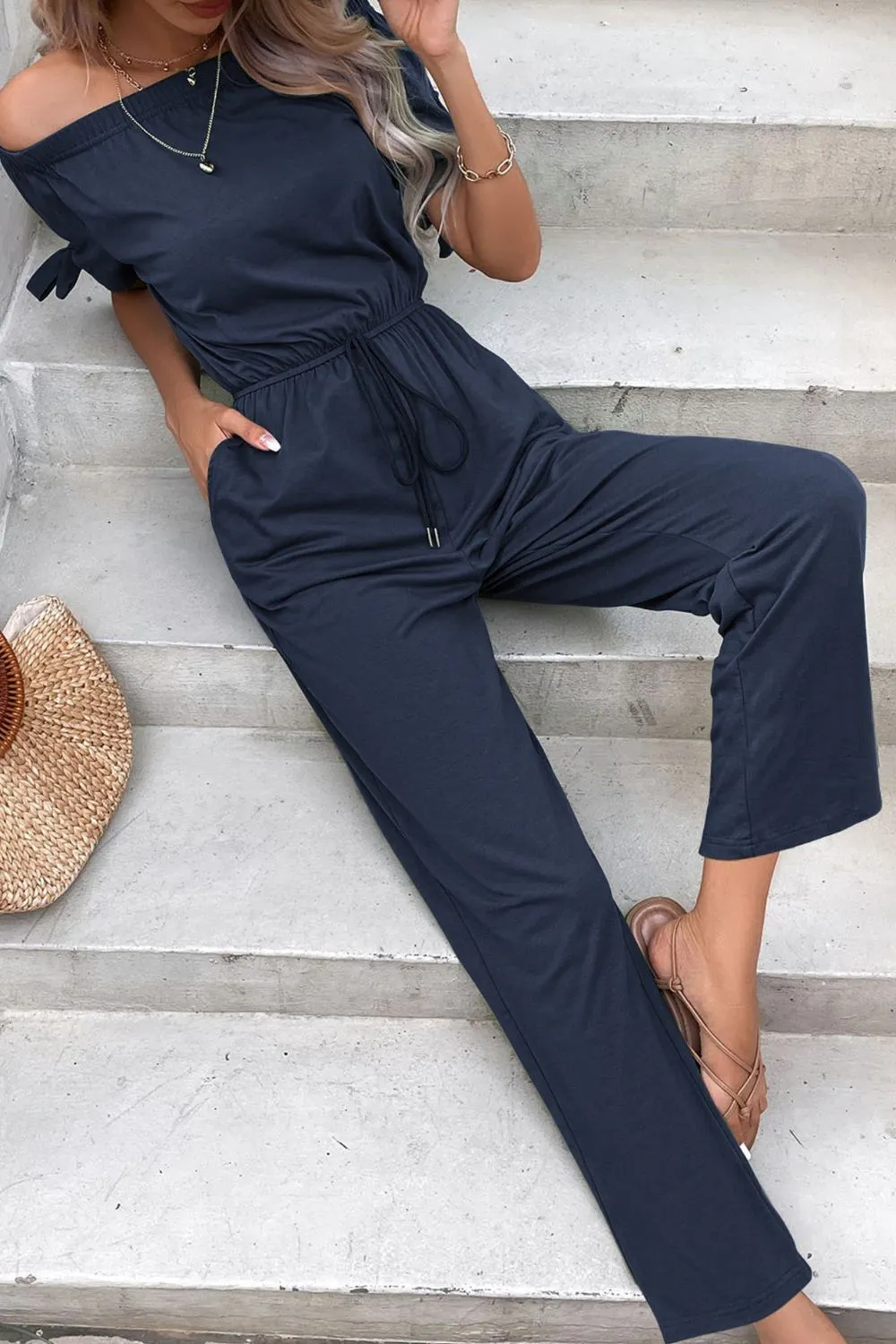 Off-Shoulder Tie Cuff Jumpsuit with Pockets, image 11