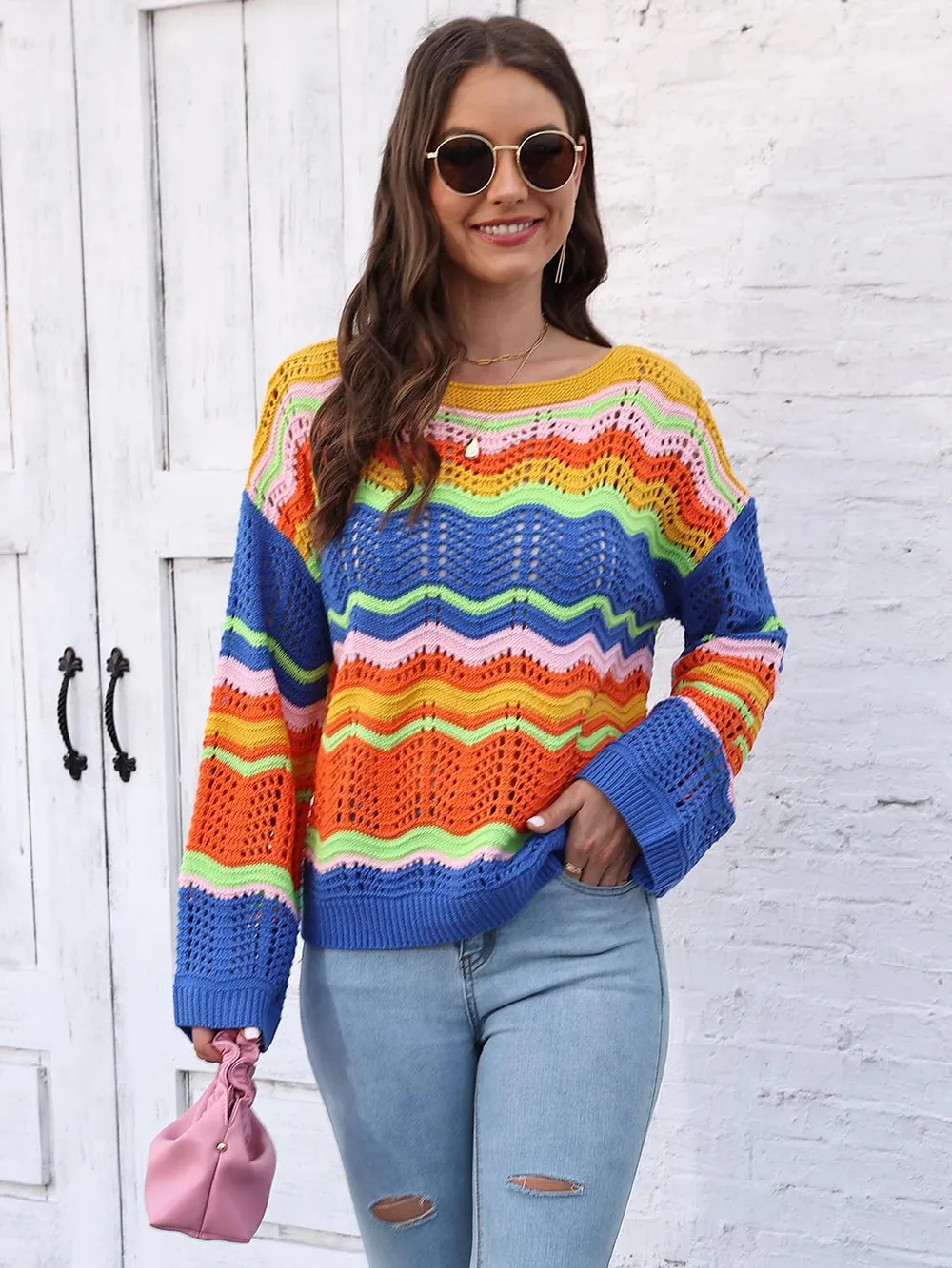 Openwork Round Neck Knit Top, image 2