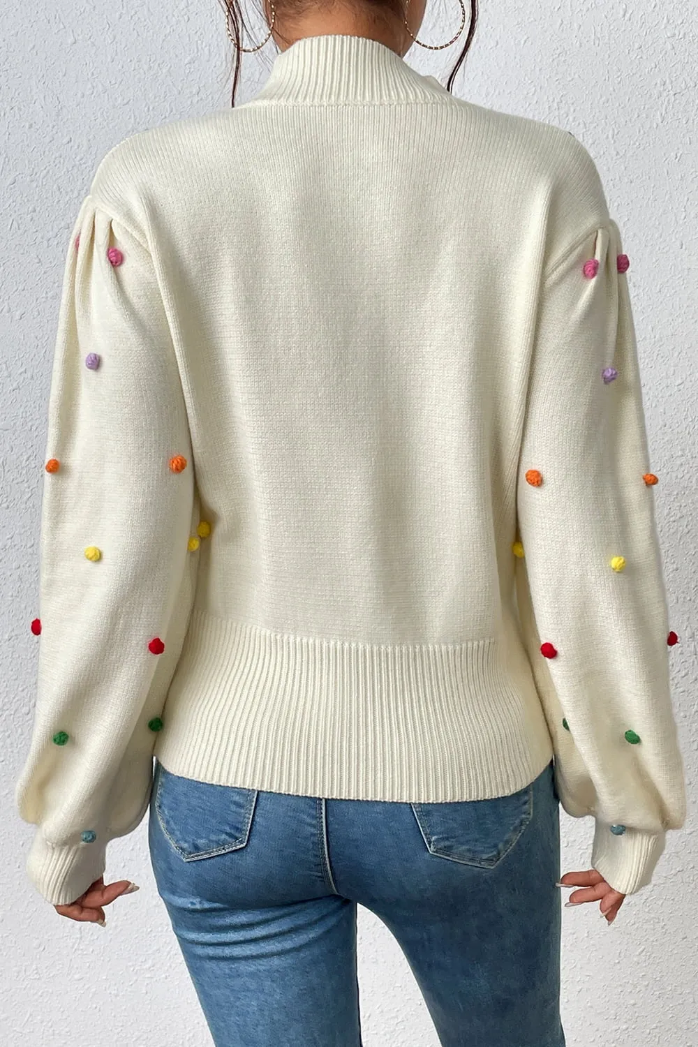 Pom-Pom Trim Mock Neck Long Sleeve Pullover Sweater, image 7