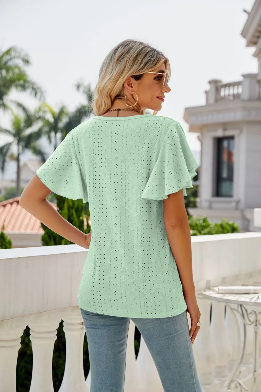 Eyelet Flutter Sleeve Round Neck Top, image 27