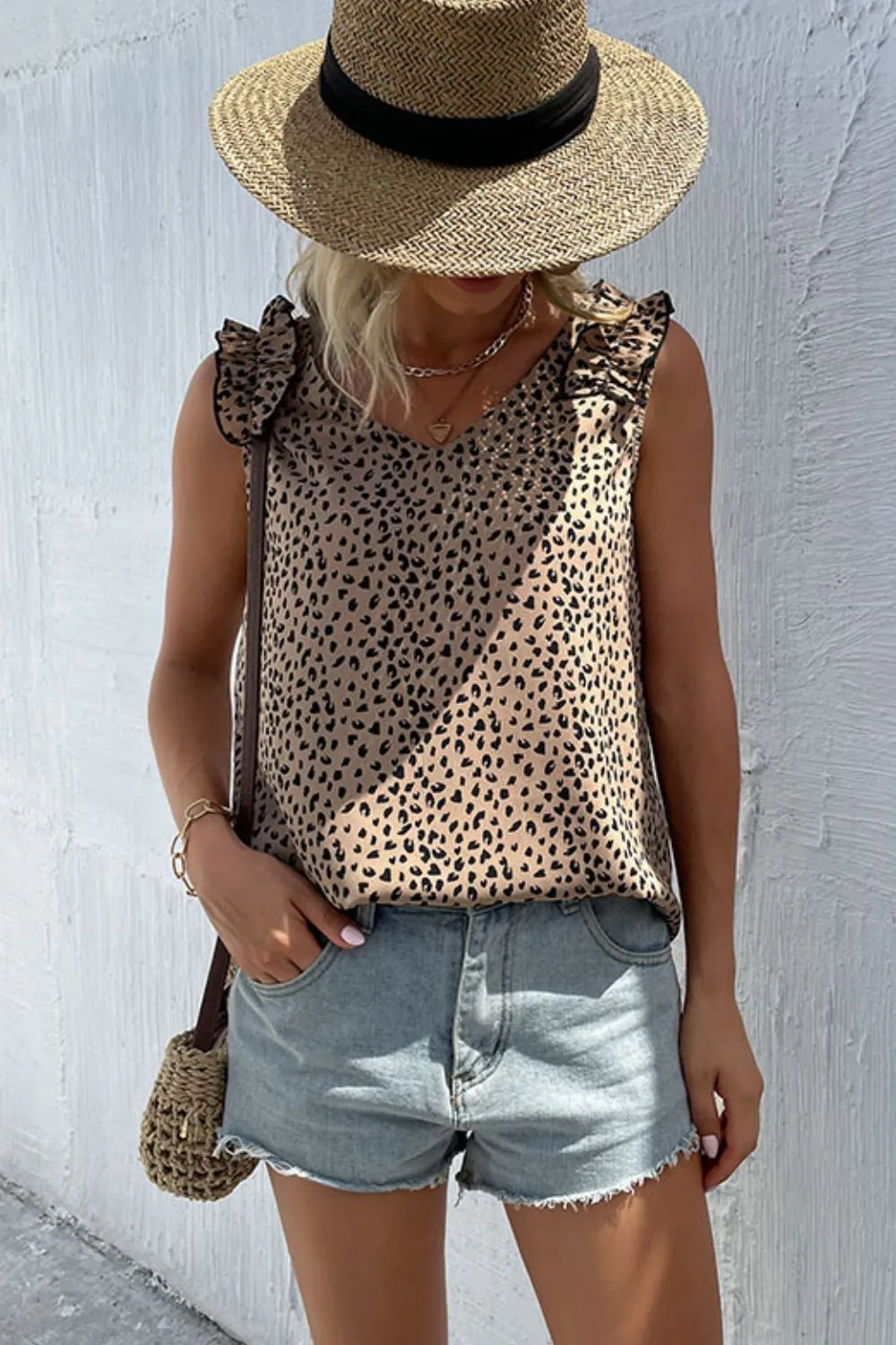 Leopard Frill Trim V-Neck Tank, image 3