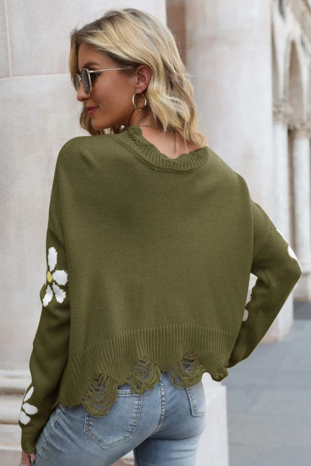 Flower Distressed Ribbed Trim Sweater, image 9