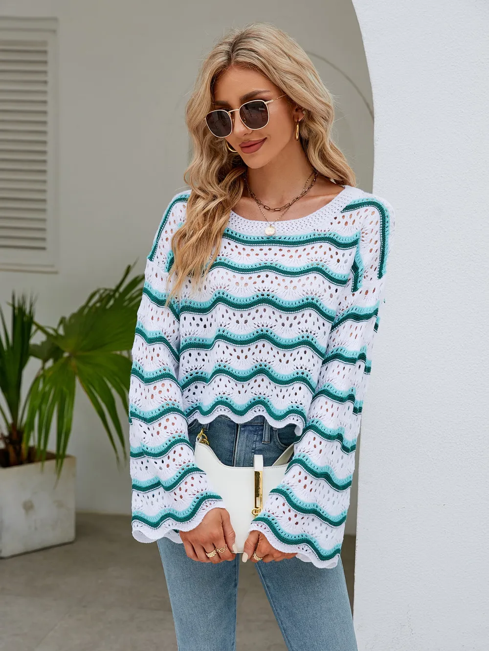 Round Neck Openwork Flare Sleeve Knit Top, image 8