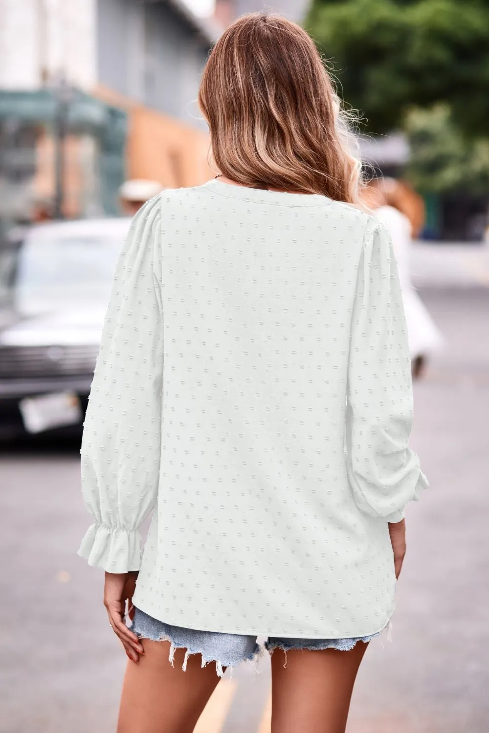 Swiss Dot Notched Neck Flounce Sleeve Blouse, image 7