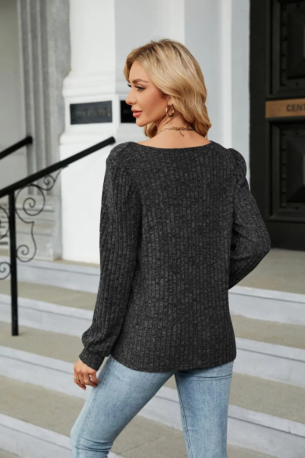Ribbed Square Neck Long Sleeve T-Shirt, image 15