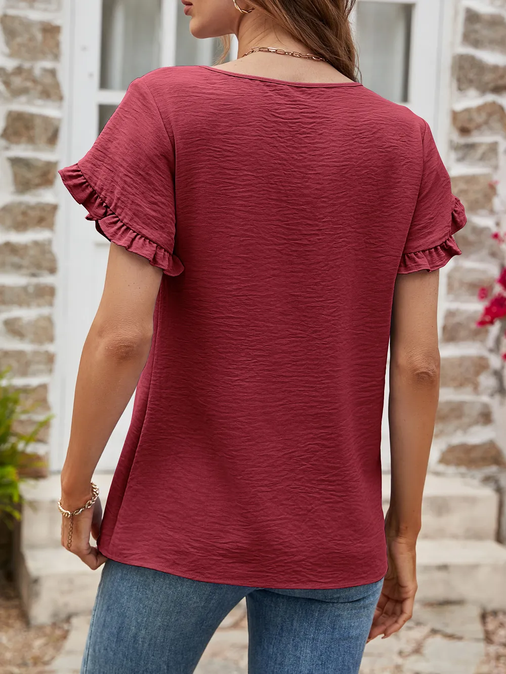 Textured Petal Sleeve Round Neck Tee, image 8