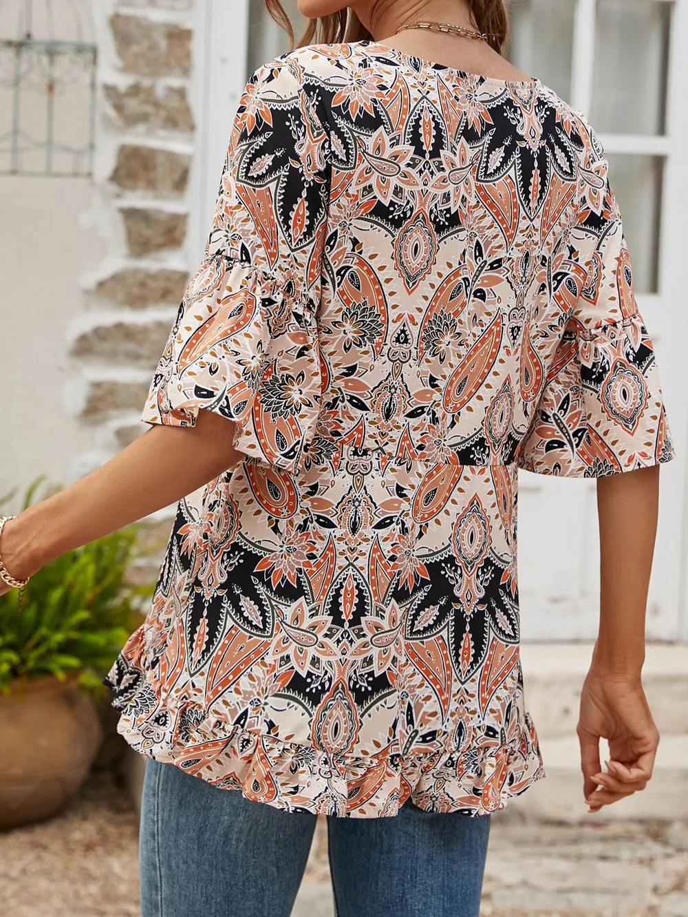 Printed Flounce Sleeve Ruffle Hem Blouse, image 12