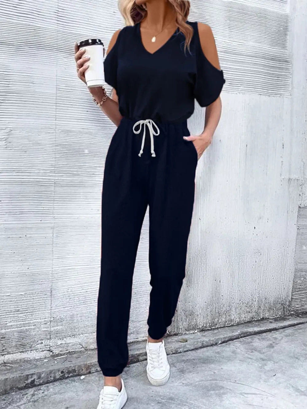 V-Neck Cold-Shoulder Jumpsuit with Pockets, image 3
