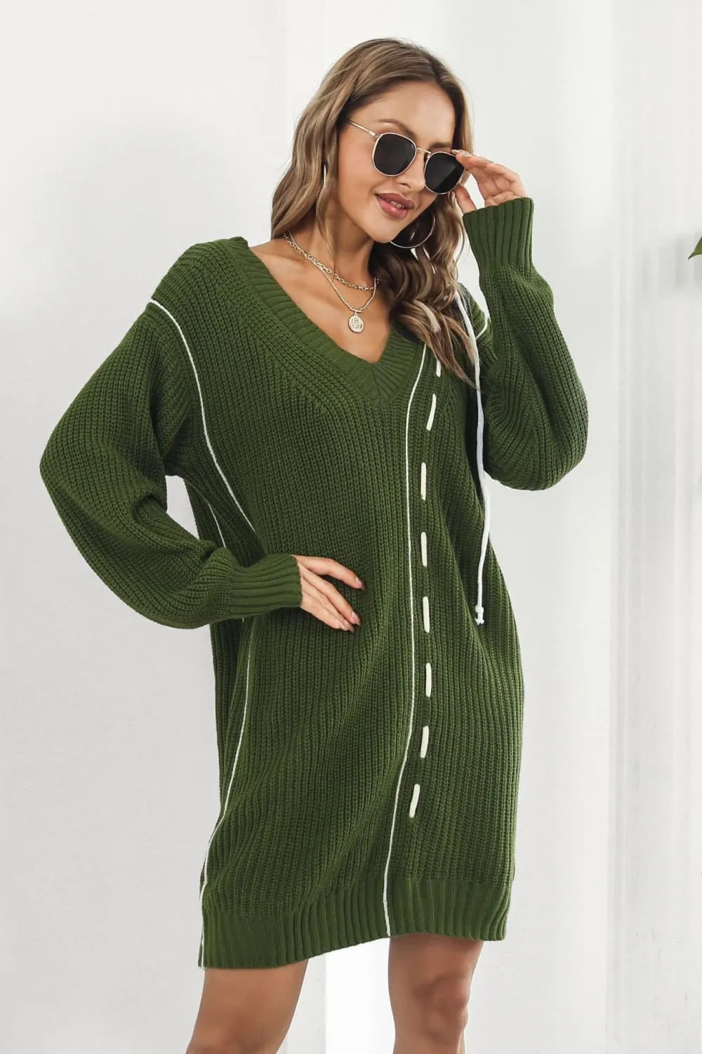 Contrast V-Neck Sweater Dress, image 3