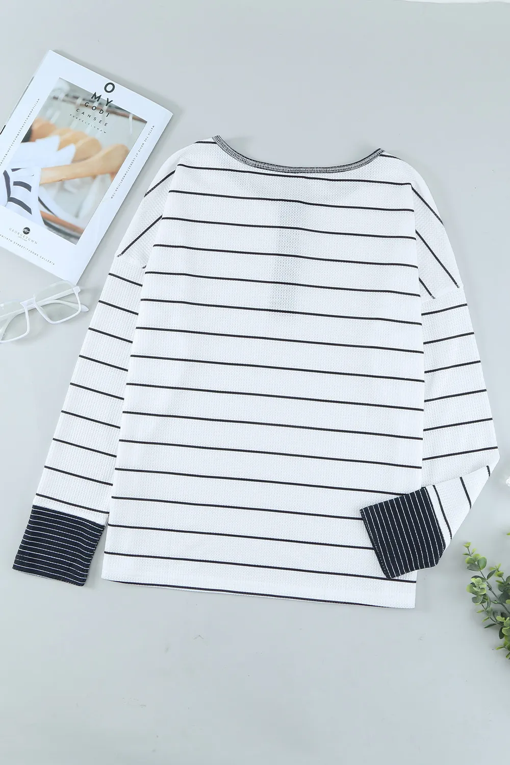 Striped Waffle Knit Henley Long Sleeve Top, image 3