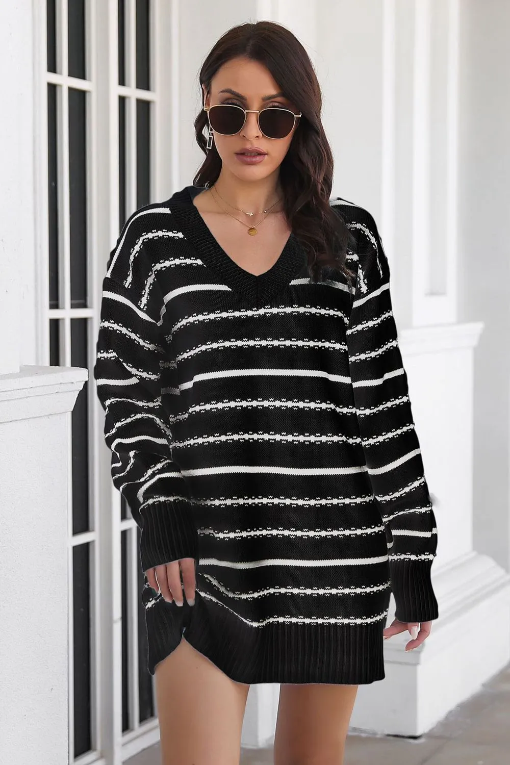 Striped V-Neck Sweater Dress, image 7