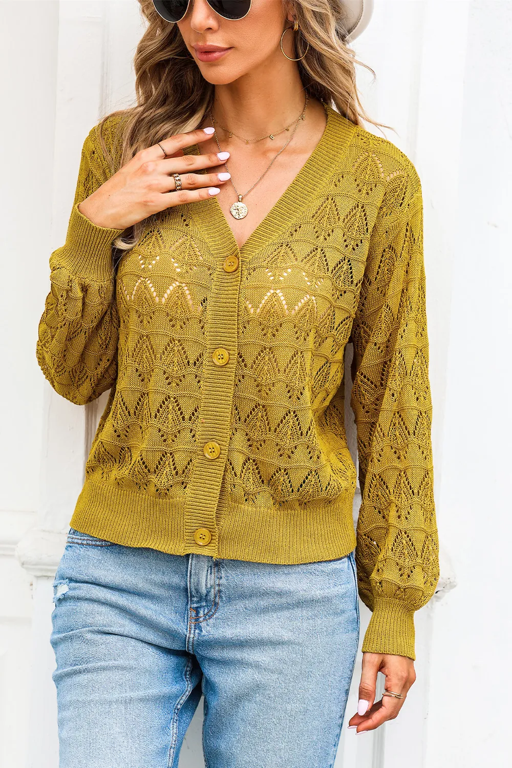 Openwork V-Neck Cardigan, image 3