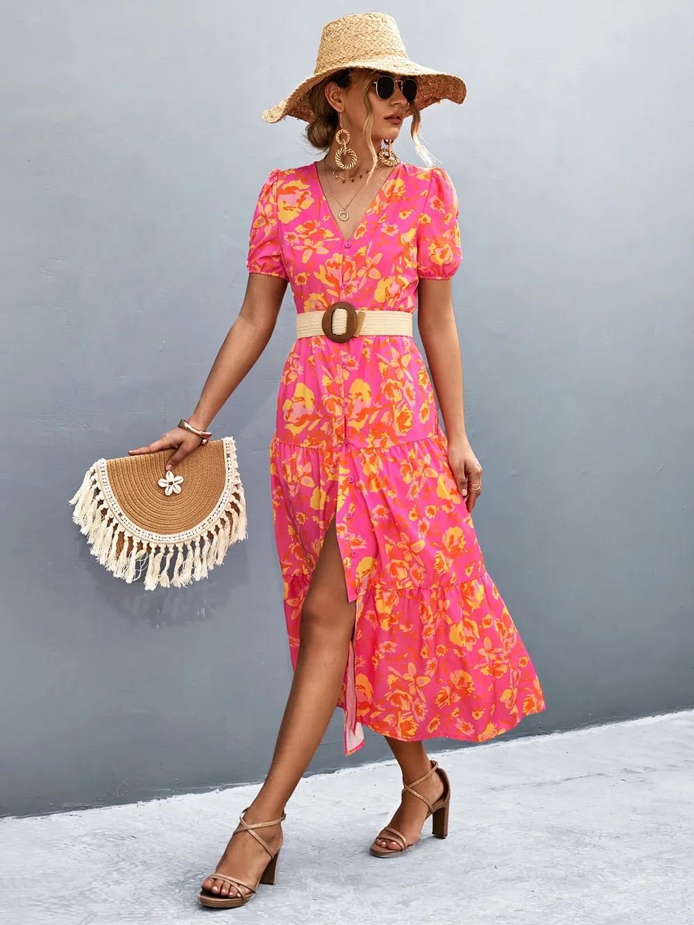V-Neck Short Sleeve High Slit Midi Dress, image 3