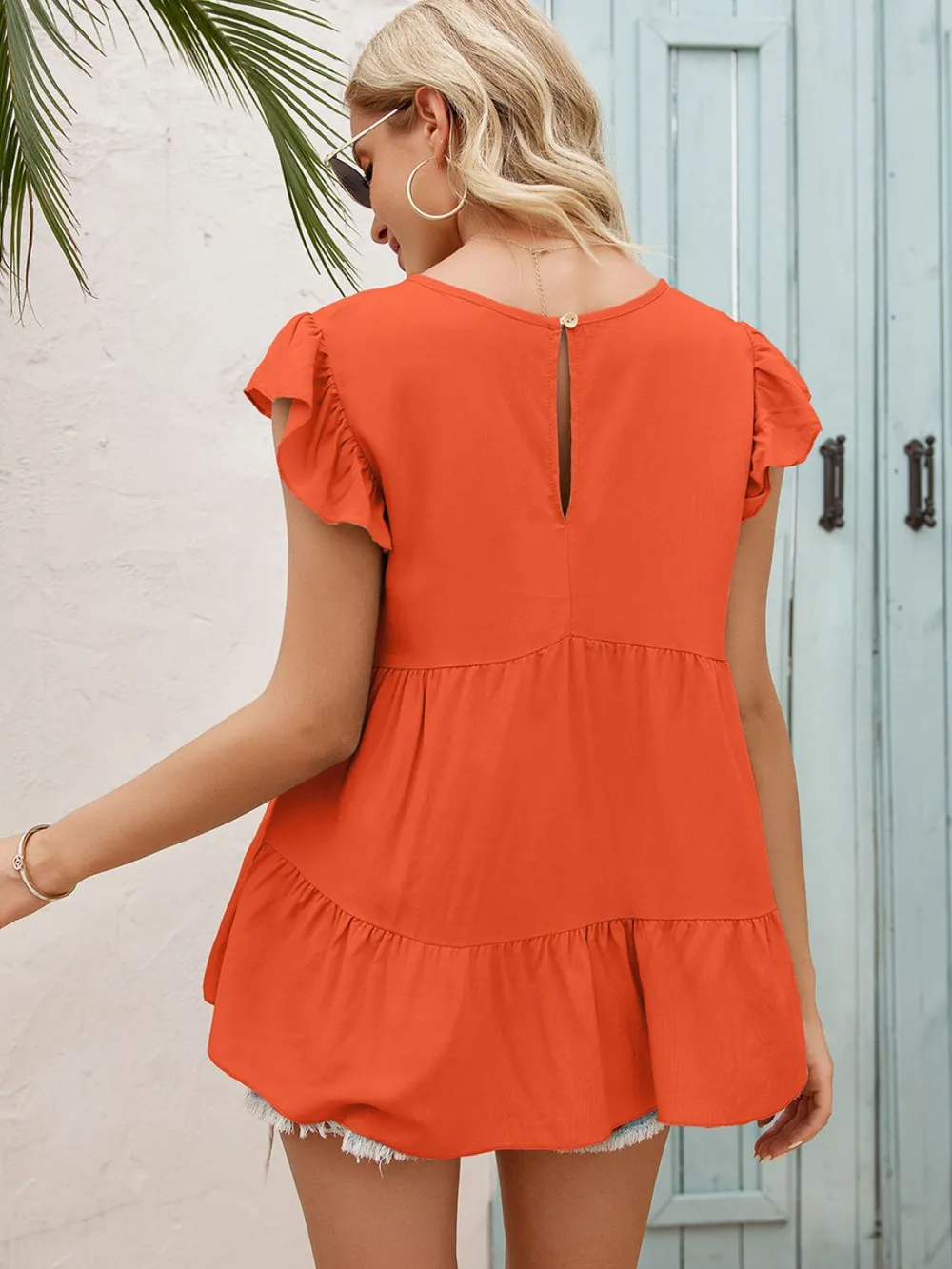 Round Neck Flutter Sleeve Tiered Blouse, image 10