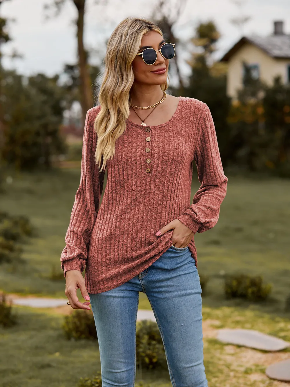 Round Neck Button-Down Long Sleeve Tee, image 4