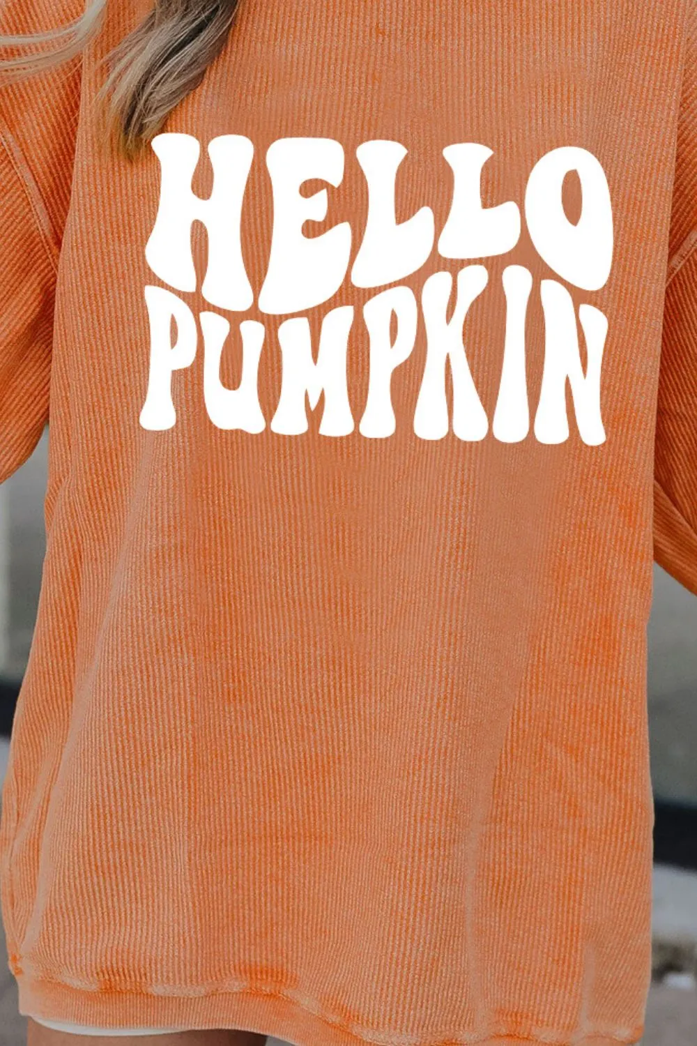 Round Neck Dropped Shoulder HELLO PUMPKIN Graphic Sweatshirt, image 2