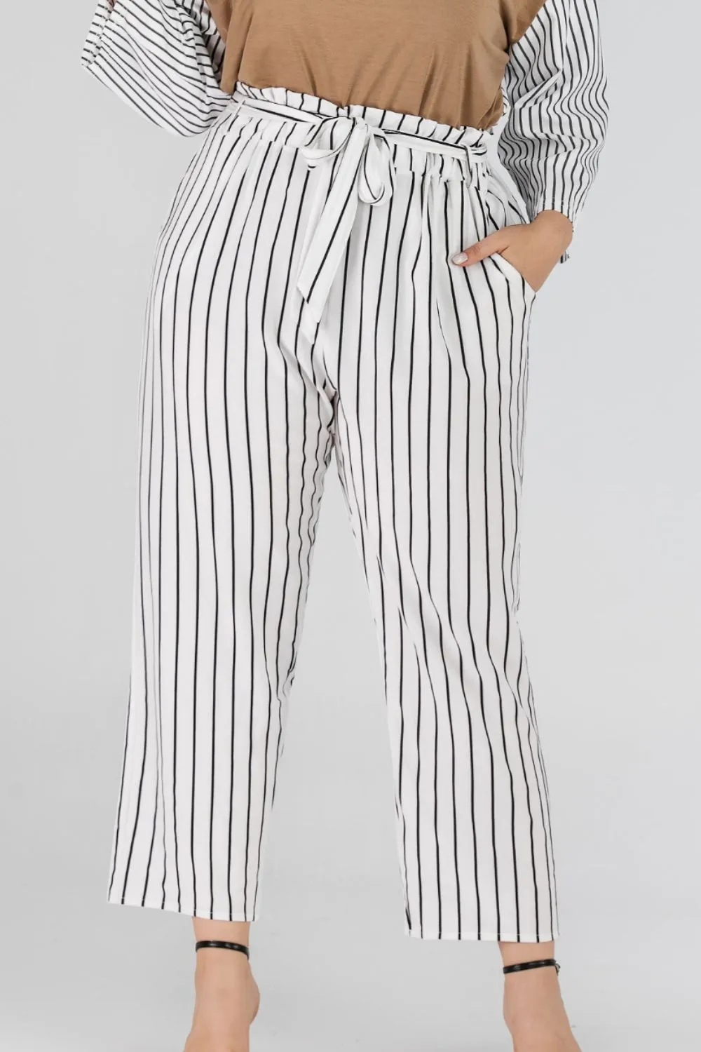 Striped Paperbag Waist Cropped Pants, image 2